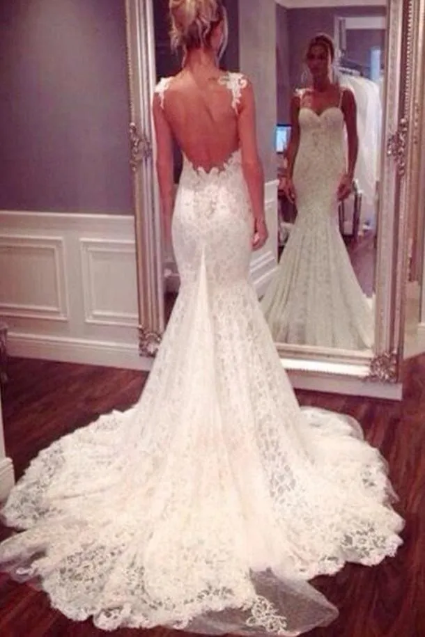 Roycebridal White Spaghetti Straps Mermaid Backless Lace Wedding Dresses, Bridal Gown, MW102