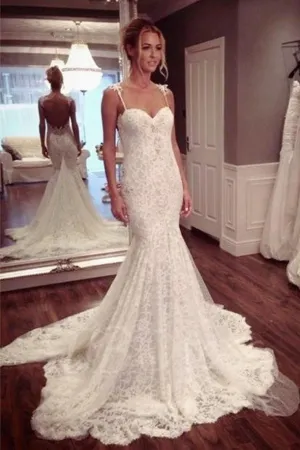 Roycebridal White Spaghetti Straps Mermaid Backless Lace Wedding Dresses, Bridal Gown, MW102