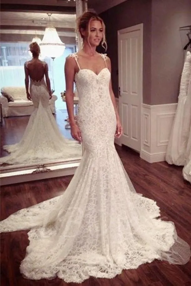 Roycebridal White Spaghetti Straps Mermaid Backless Lace Wedding Dresses, Bridal Gown, MW102