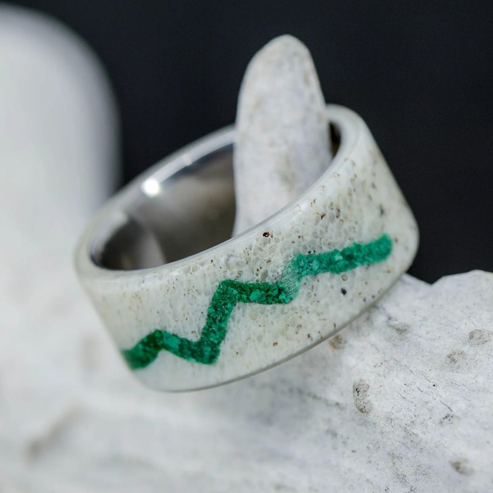 SALE RING - Titanium, Elk Antler with Mountain Engraving in Green Malachite - Size 6.75