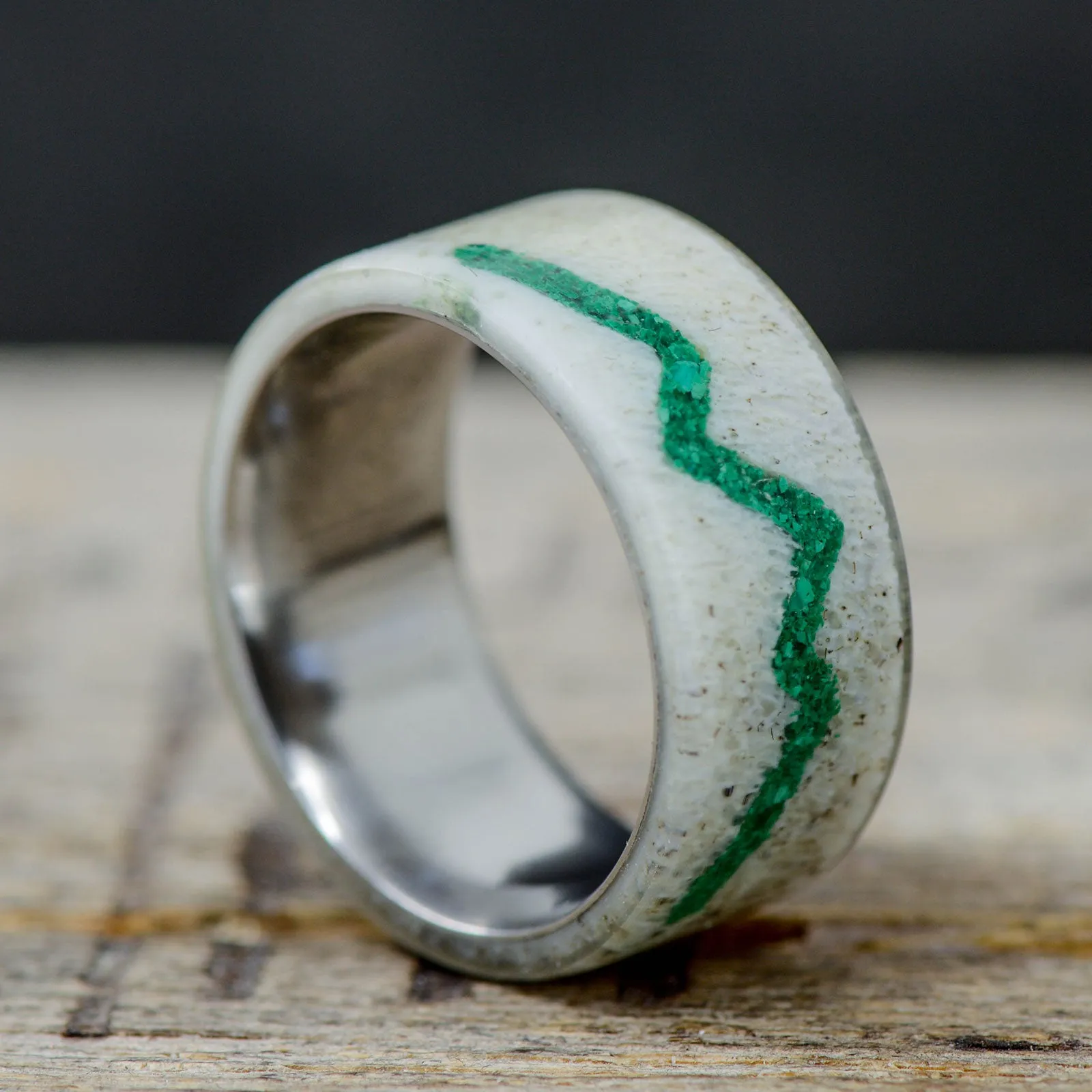 SALE RING - Titanium, Elk Antler with Mountain Engraving in Green Malachite - Size 6.75