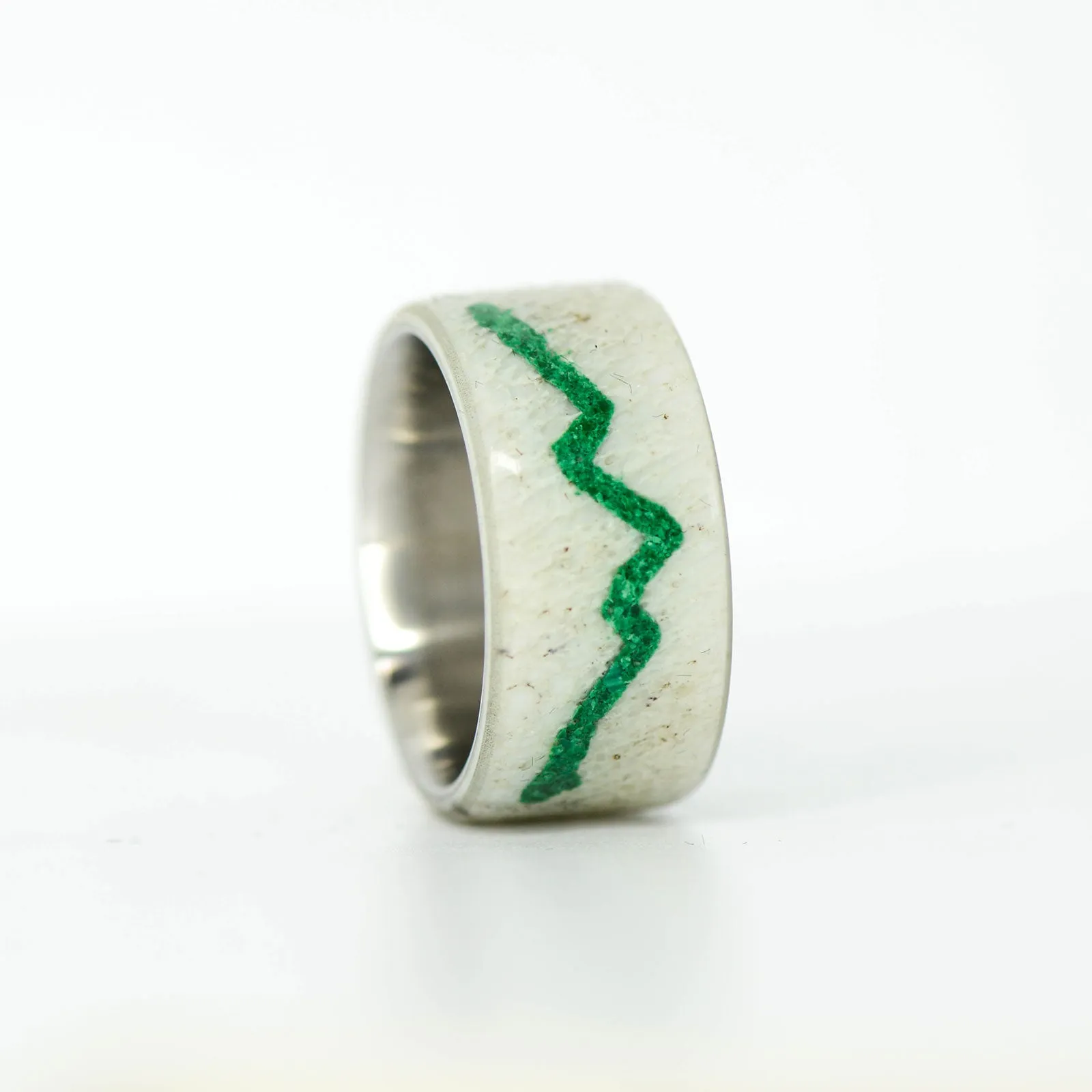 SALE RING - Titanium, Elk Antler with Mountain Engraving in Green Malachite - Size 6.75