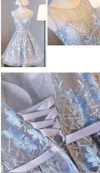 Silver Tulle Lace Embroidered Homecoming Dresses with Appliques, MH339