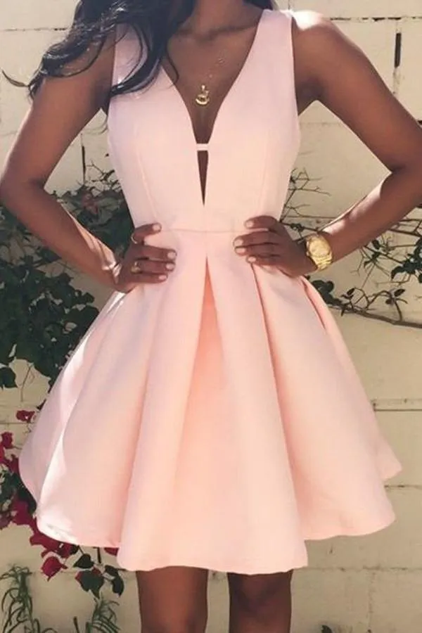 Simple Pink A-line Satin V neck Homecoming Dress, Short Prom Dresses, MH279