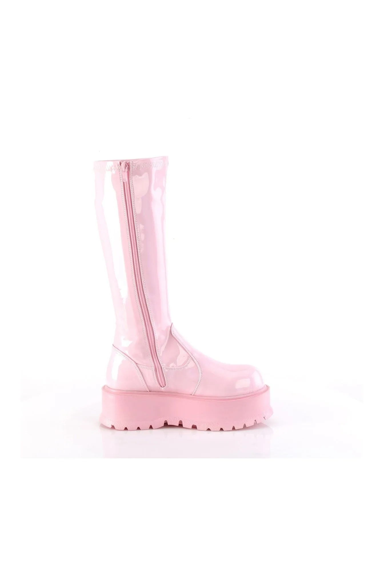 SLACKER-200 Pink Hologram Patent Knee Boot
