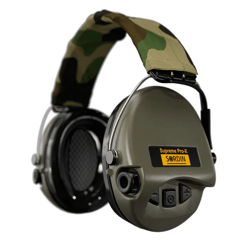 Sordin Supreme Pro-X Electronic Hearing Protection- Camo Textile Headband Green Cup Colour