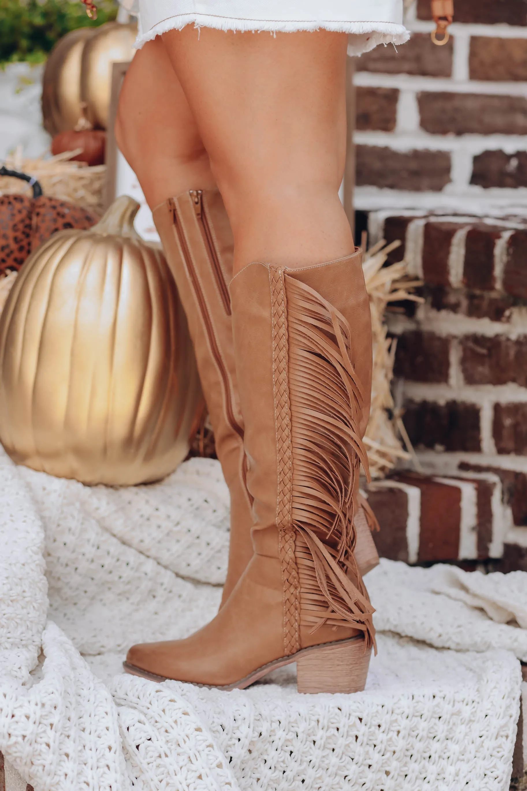 Southern Fringe Knee High Boot - Lt Brown