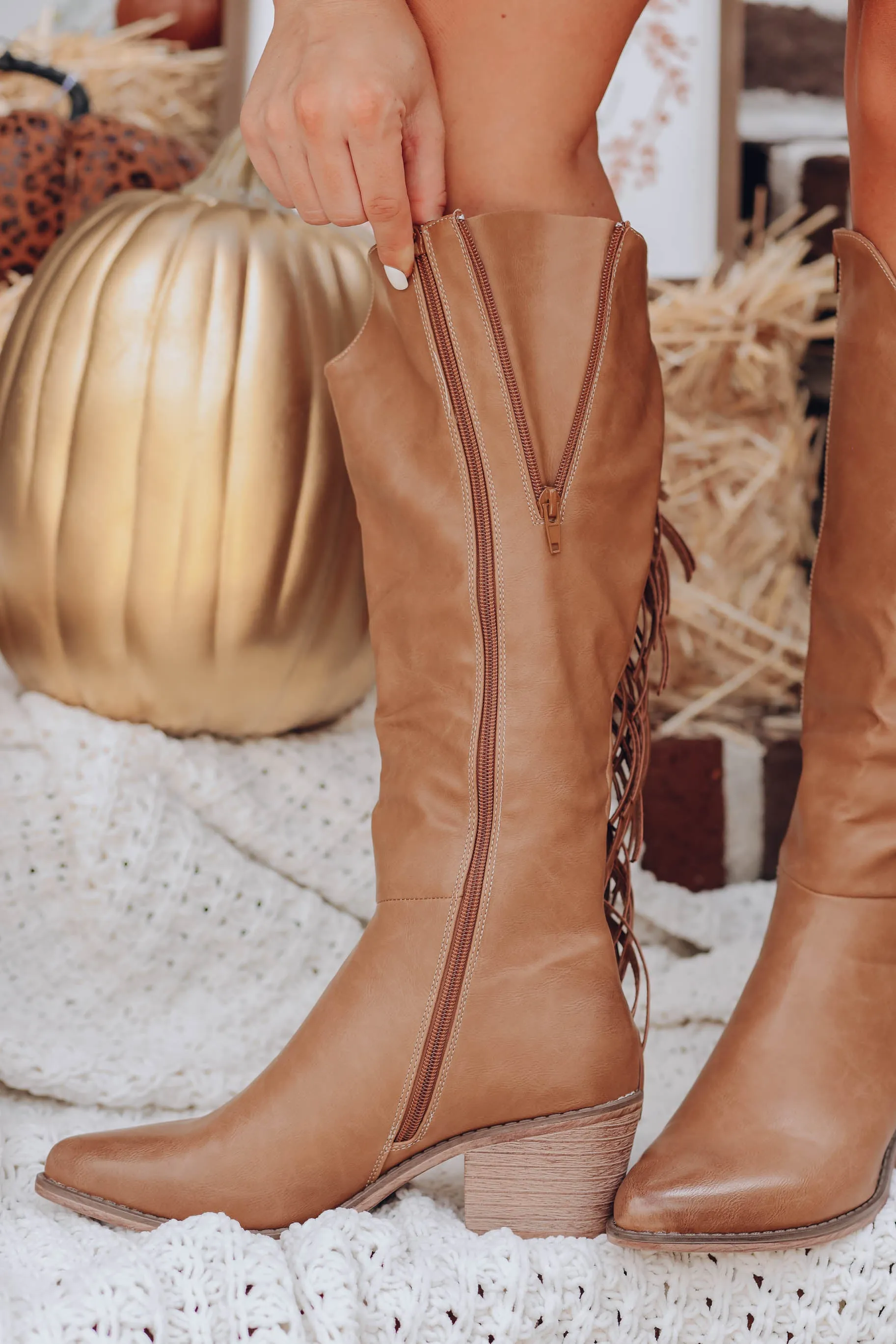 Southern Fringe Knee High Boot - Lt Brown