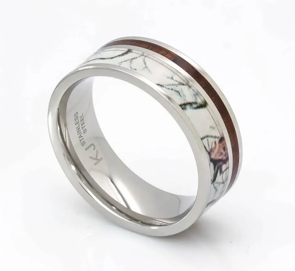 Stainless Steel White Camo Ring Koa Wood Band