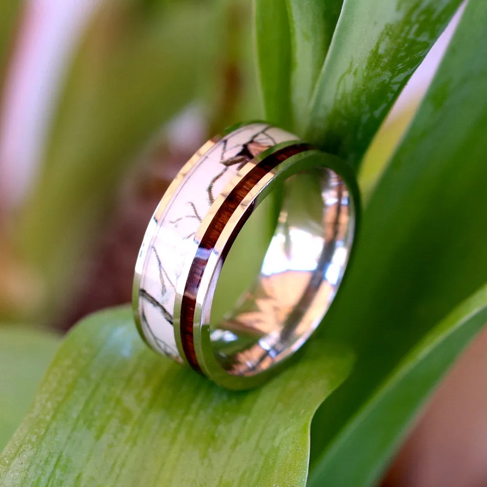 Stainless Steel White Camo Ring Koa Wood Band