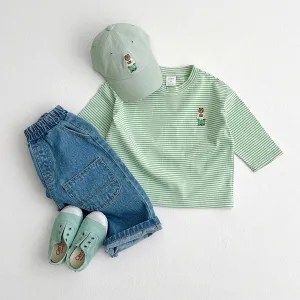 Stripe LS with Bear Embroidered - Mint Stripe
