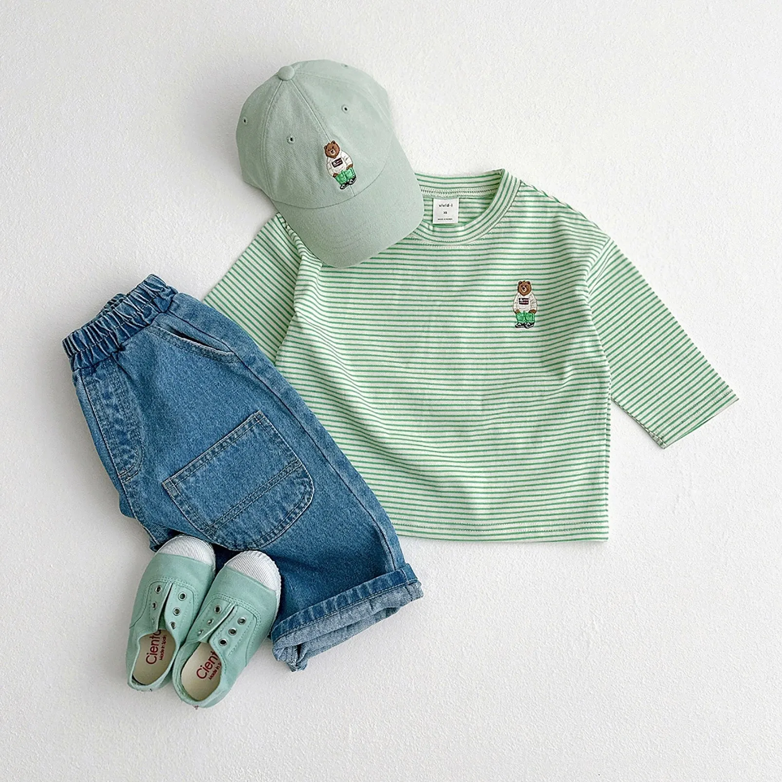 Stripe LS with Bear Embroidered - Mint Stripe