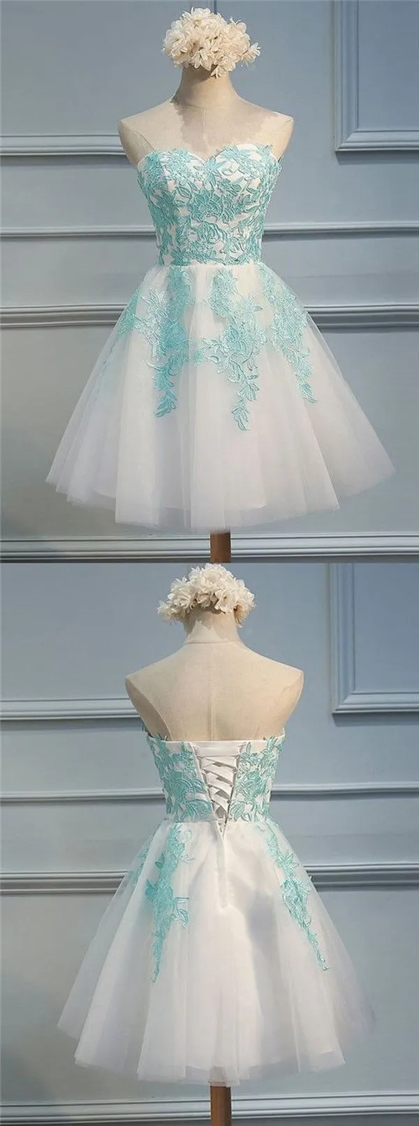 Tulle A-line Sweetheart Appliques Open Back Homecoming Dresses, MH358