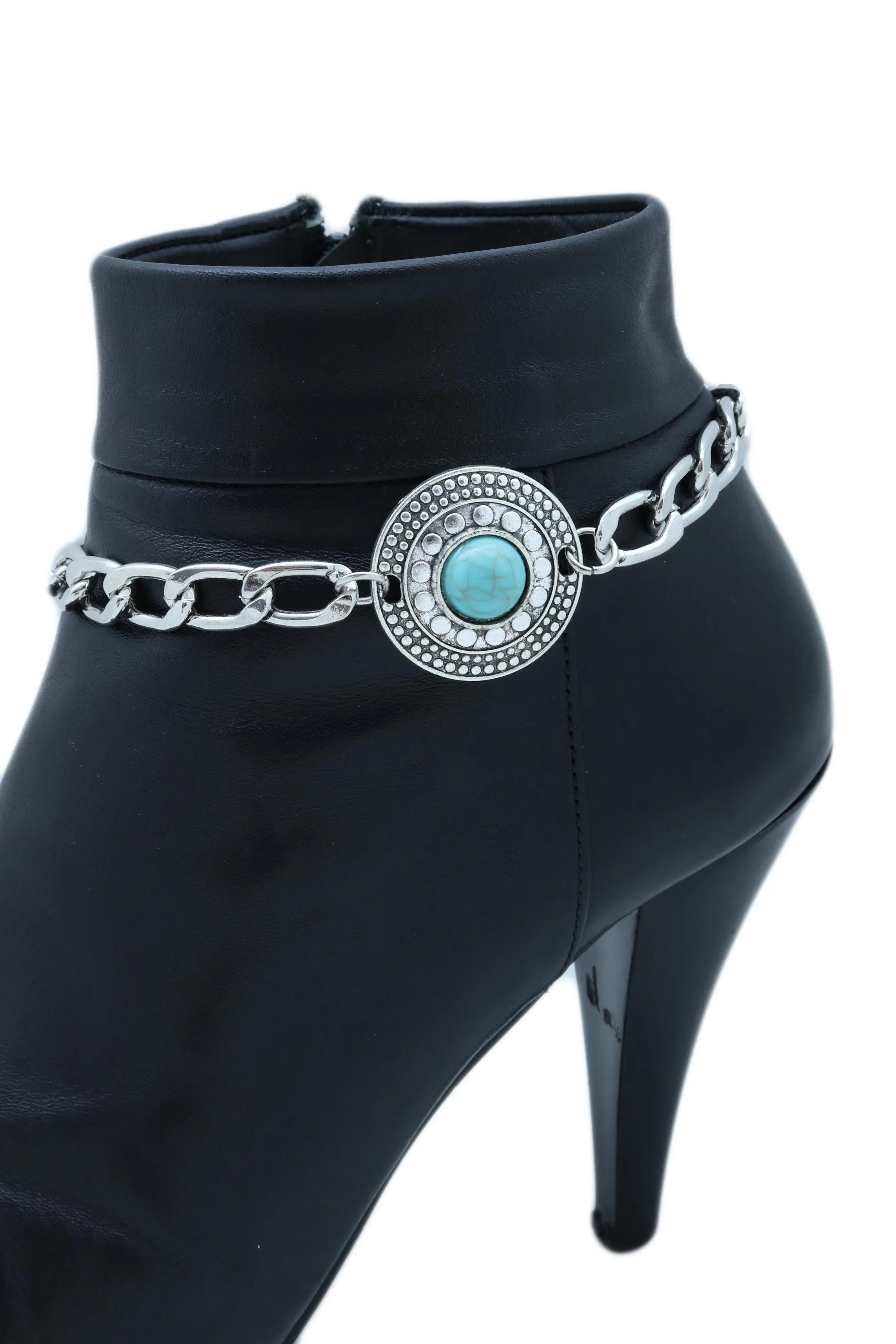 Turquoise Bead Medallion Charm Silver Metal Boot Chain