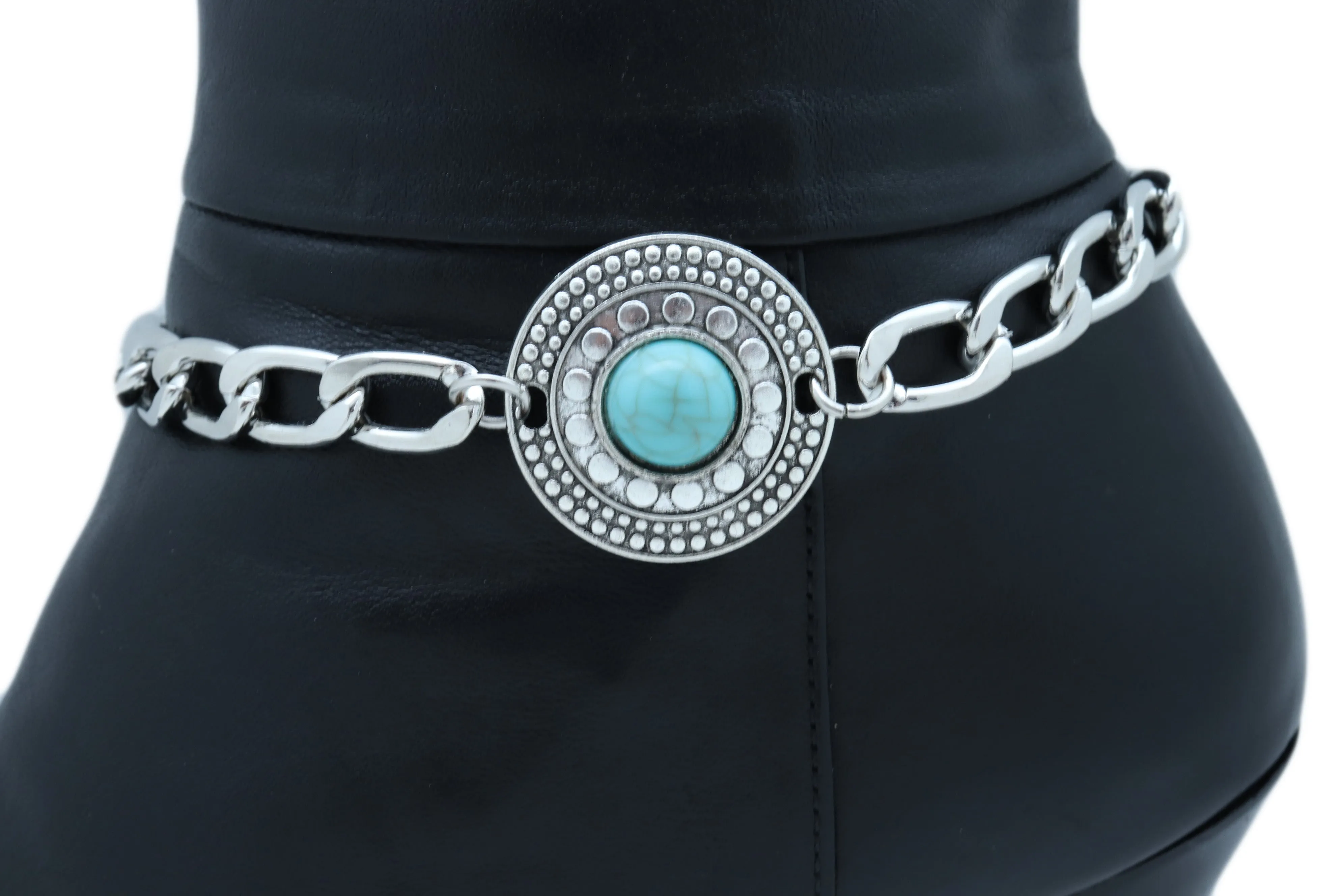 Turquoise Bead Medallion Charm Silver Metal Boot Chain