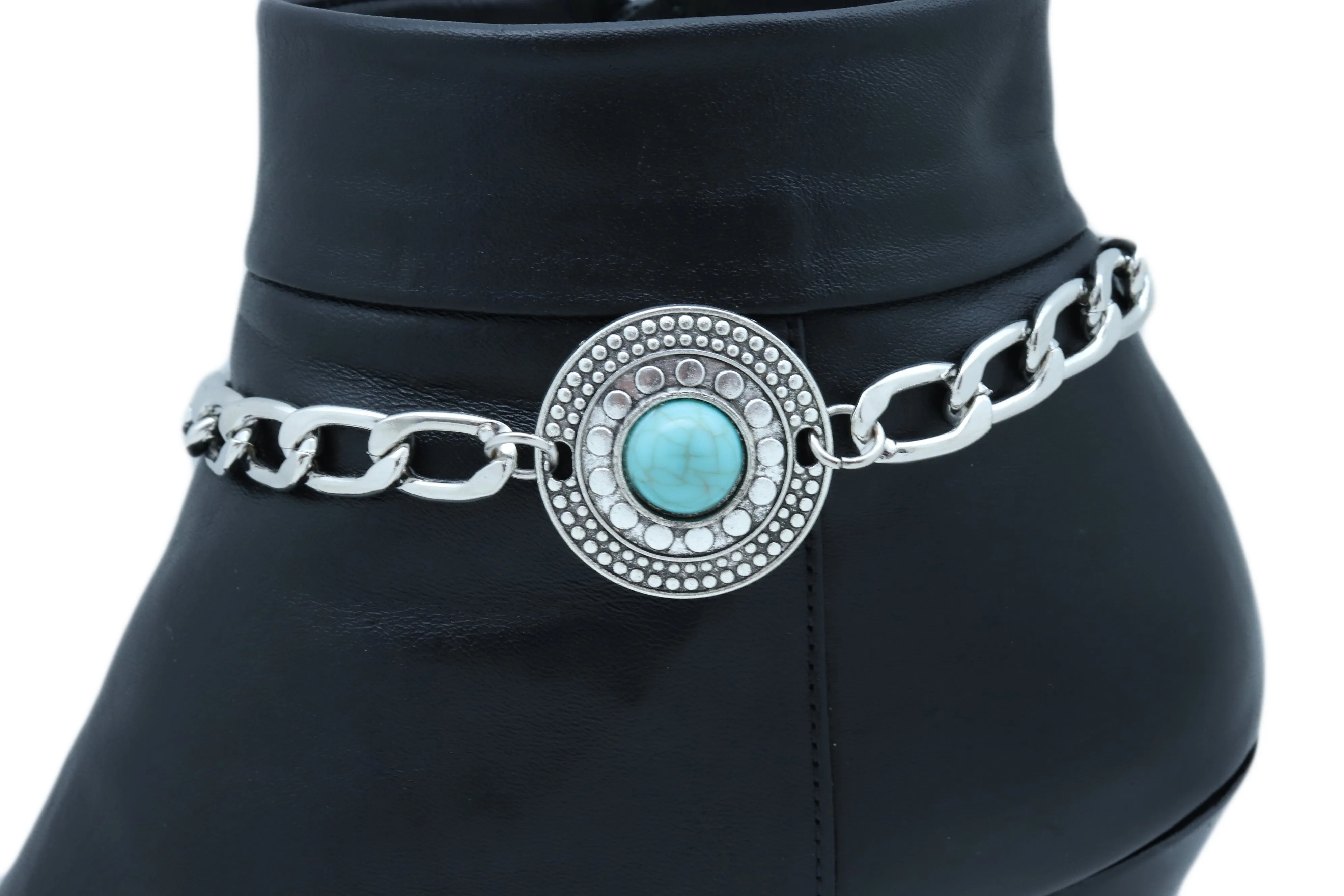 Turquoise Bead Medallion Charm Silver Metal Boot Chain
