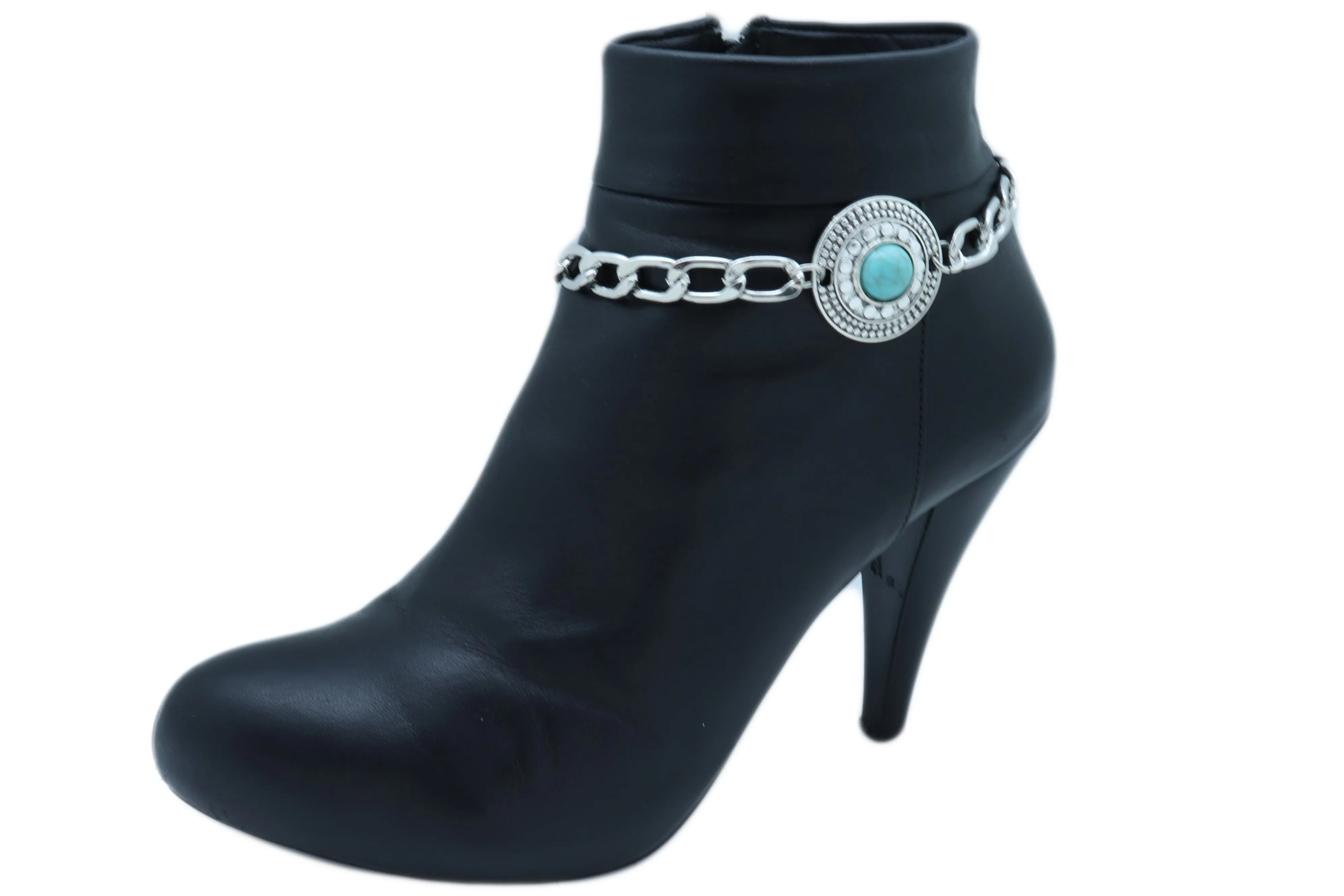 Turquoise Bead Medallion Charm Silver Metal Boot Chain