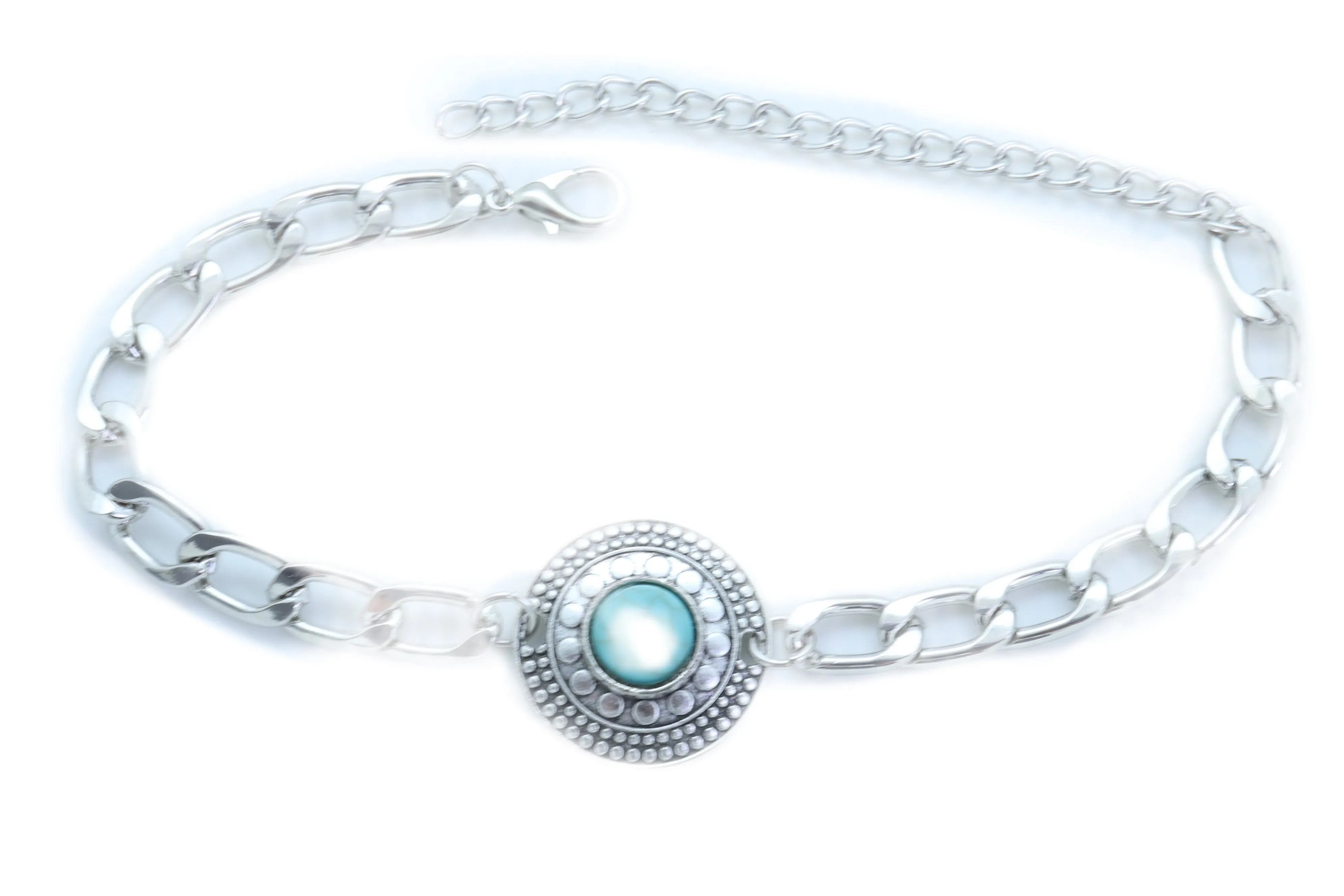 Turquoise Bead Medallion Charm Silver Metal Boot Chain