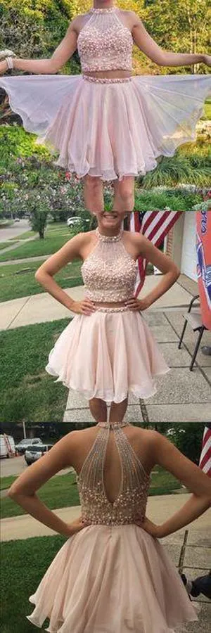Two Piece Blush Pink Halter Homecoming Dresses, Short Prom Dresses, MH139