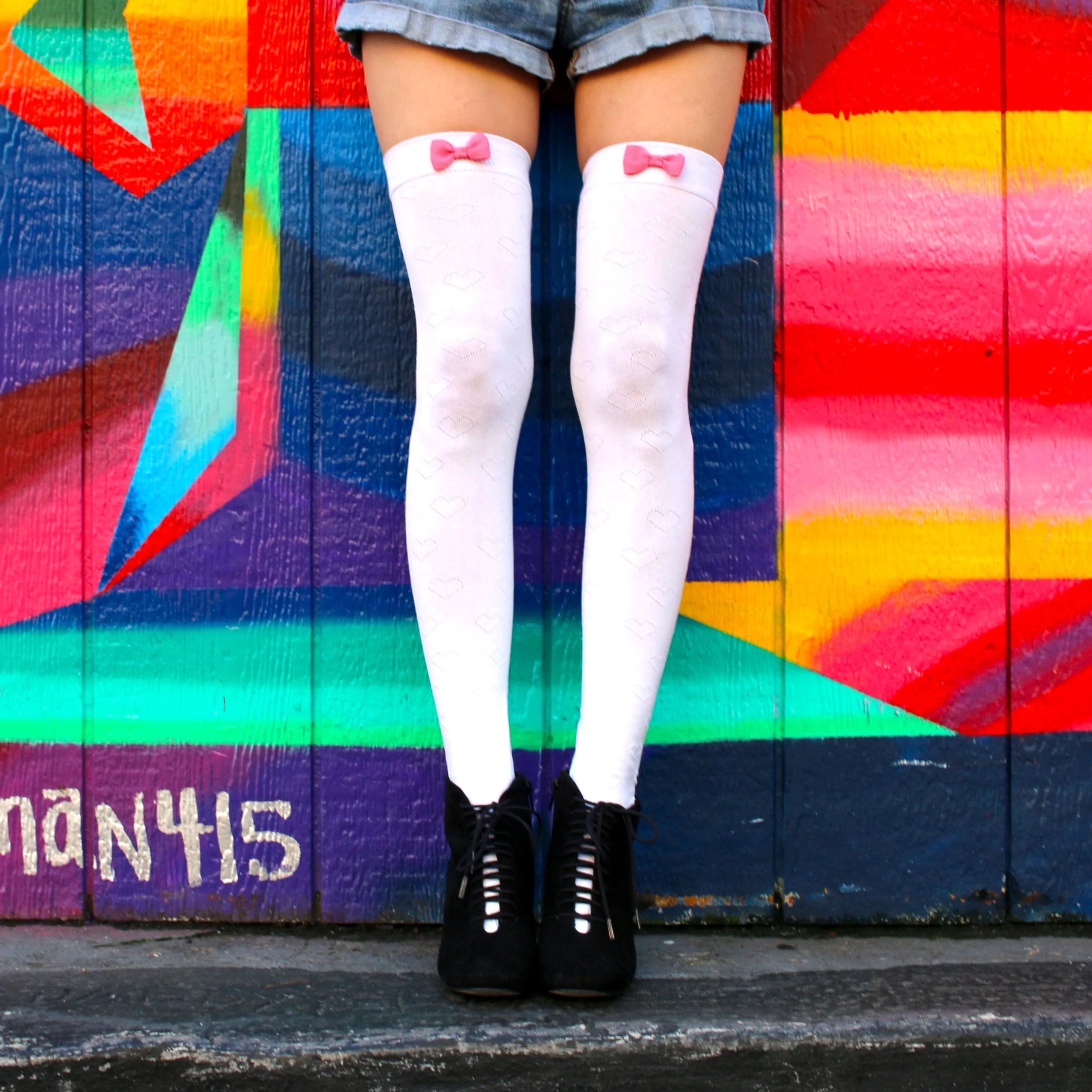 White Bow Thigh High Socks