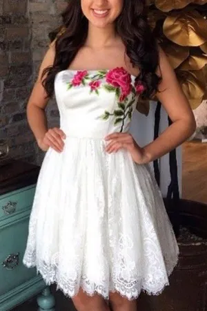White Strapless Off Shoulder Floral Simple Homecoming Dresses for Girls, MH355