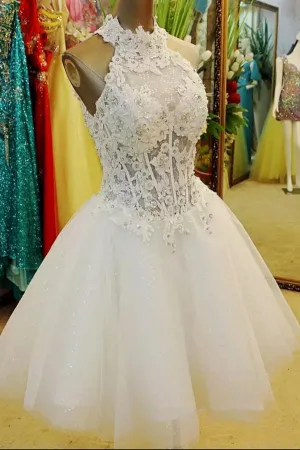 White Tulle Halter Sequins Lace Cheap Homecoming Dresses with Appliques, MH407
