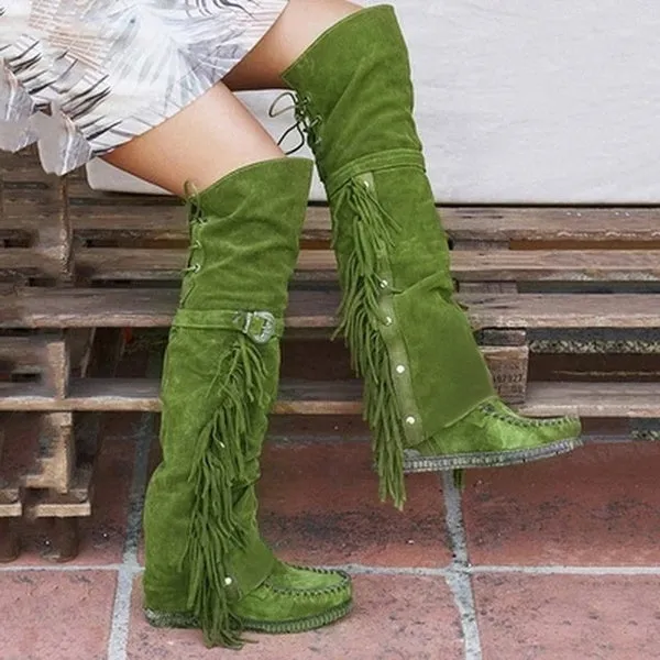 Winter Faux Suede Tassel Boots Ethnic Fringe Boho Long Boots Flat Heel Knee High Boots
