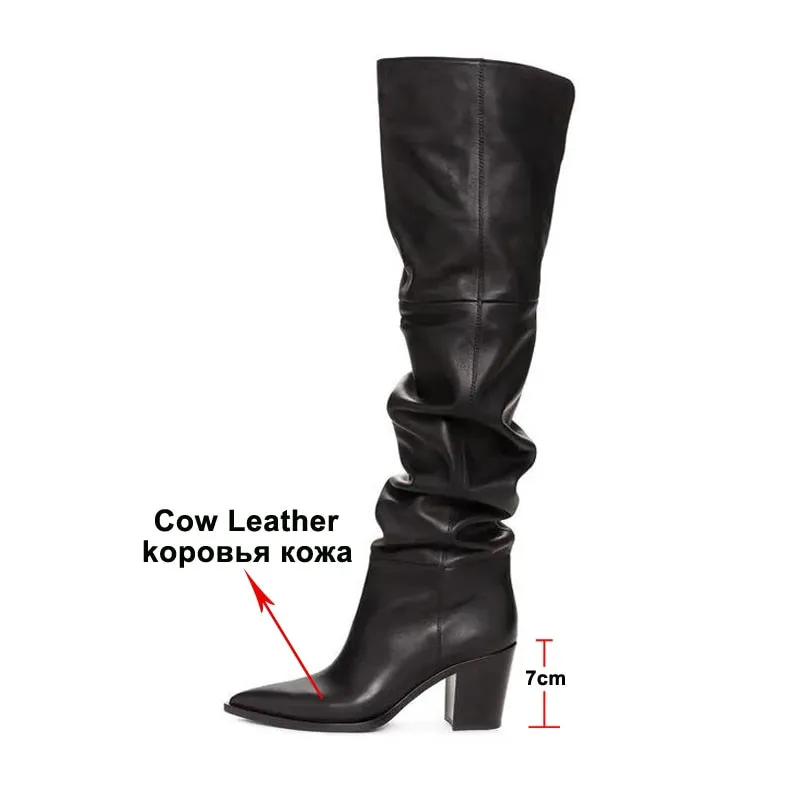 Winter Over the Knee Boots Women Natural Genuine Leather Thick High Heel Thigh High Boots Pleated Long Shoes Ladies Fall