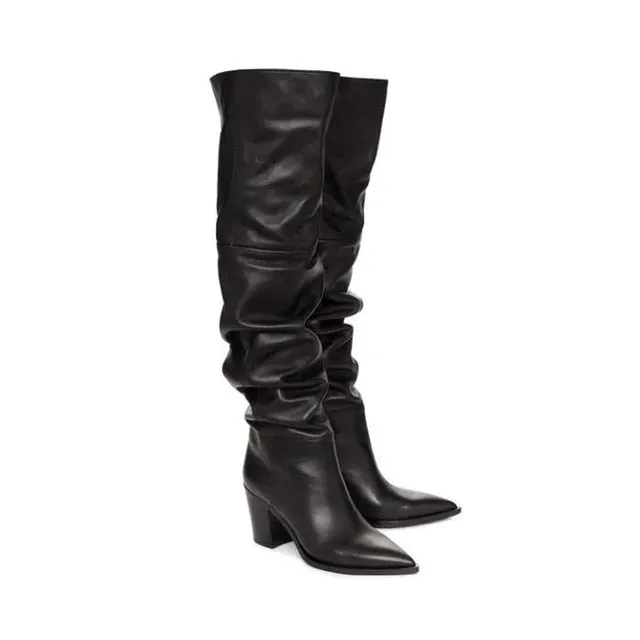 Winter Over the Knee Boots Women Natural Genuine Leather Thick High Heel Thigh High Boots Pleated Long Shoes Ladies Fall