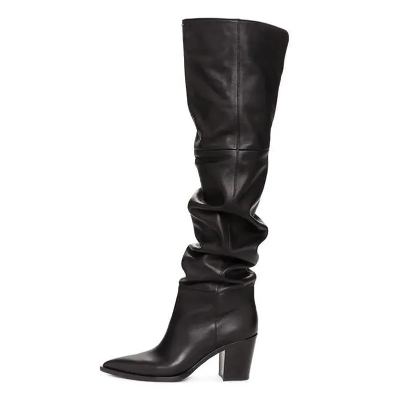 Winter Over the Knee Boots Women Natural Genuine Leather Thick High Heel Thigh High Boots Pleated Long Shoes Ladies Fall