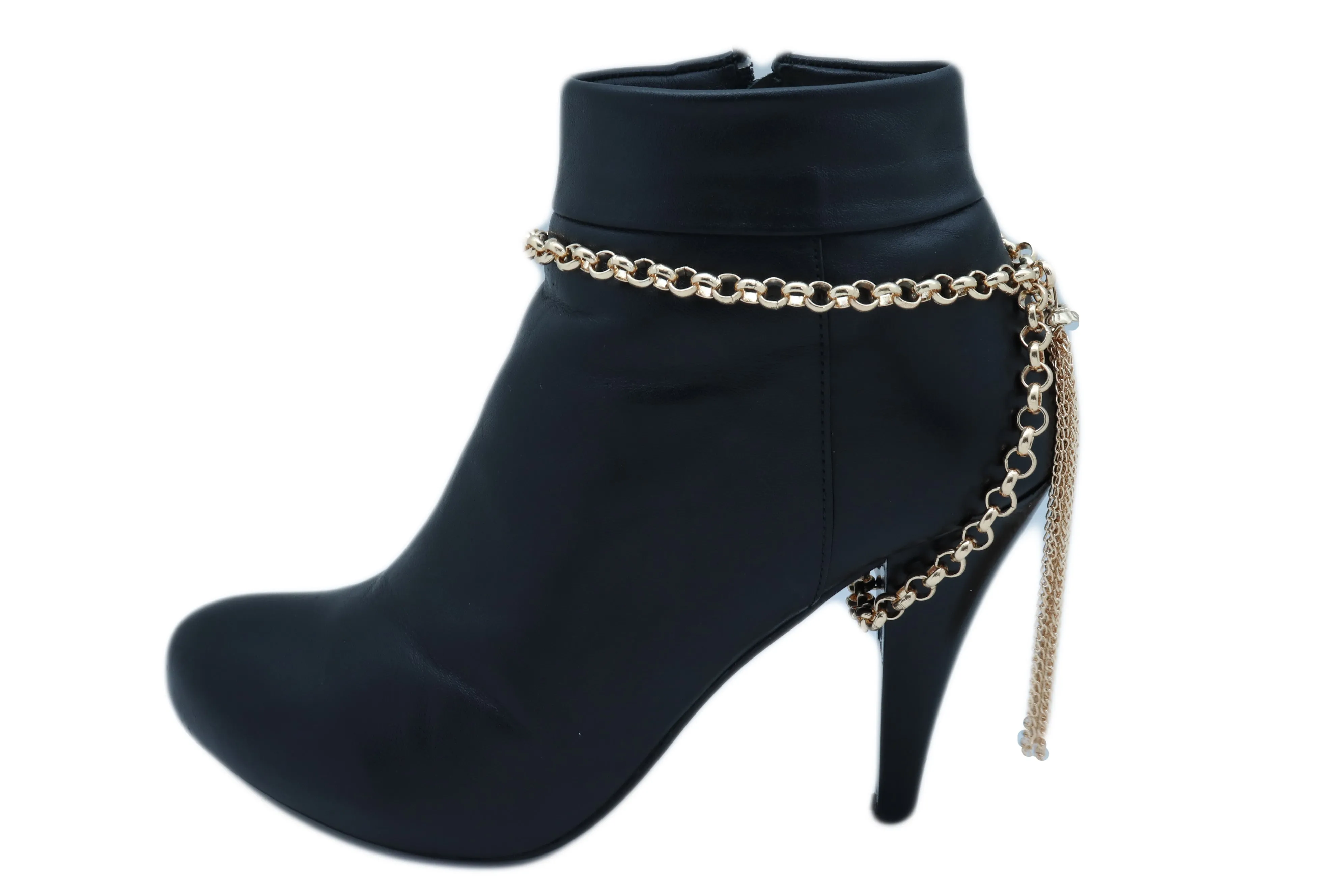 Women Gold Chain Boot Bracelet Western Shoe Anklet Back Tassel Fringes Charm Adjustable One Size