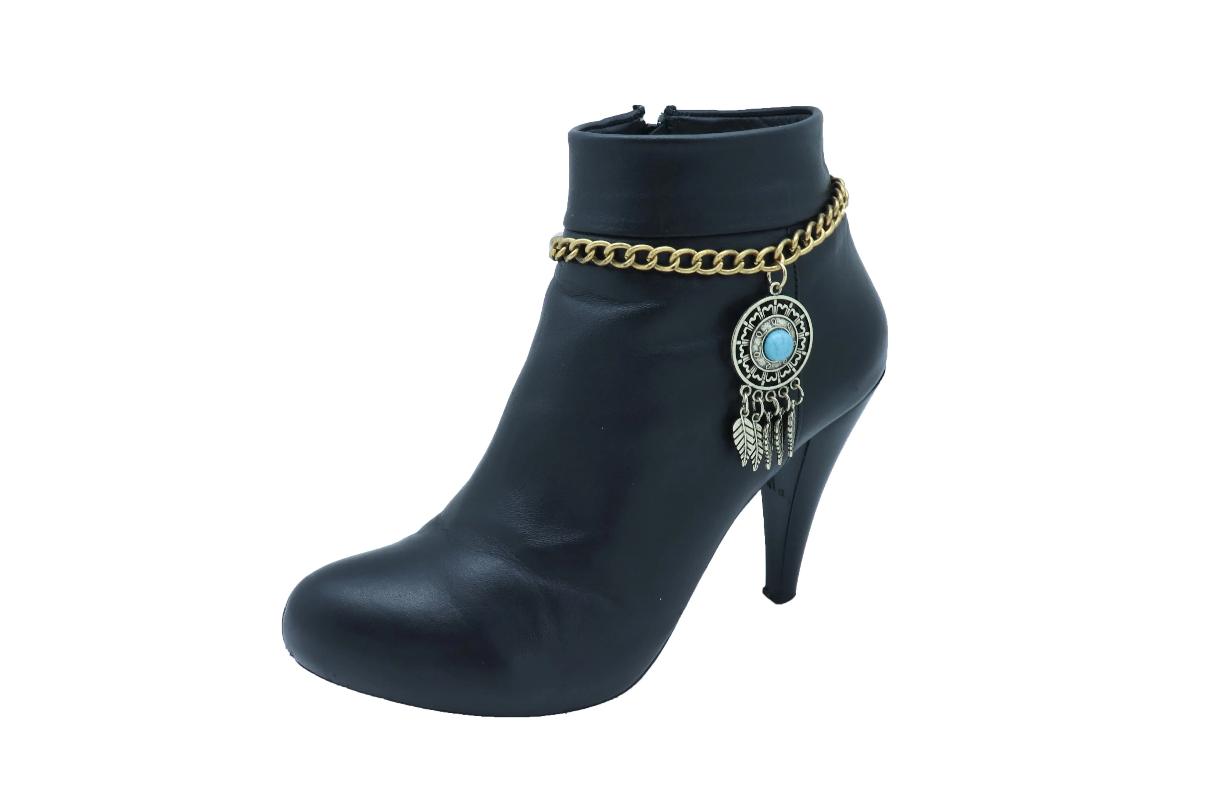 Women Rusty Gold Metal Boot Chain Bracelet Shoe Feather Turquoise Blue Charm Ethnic Adjustable Size Band