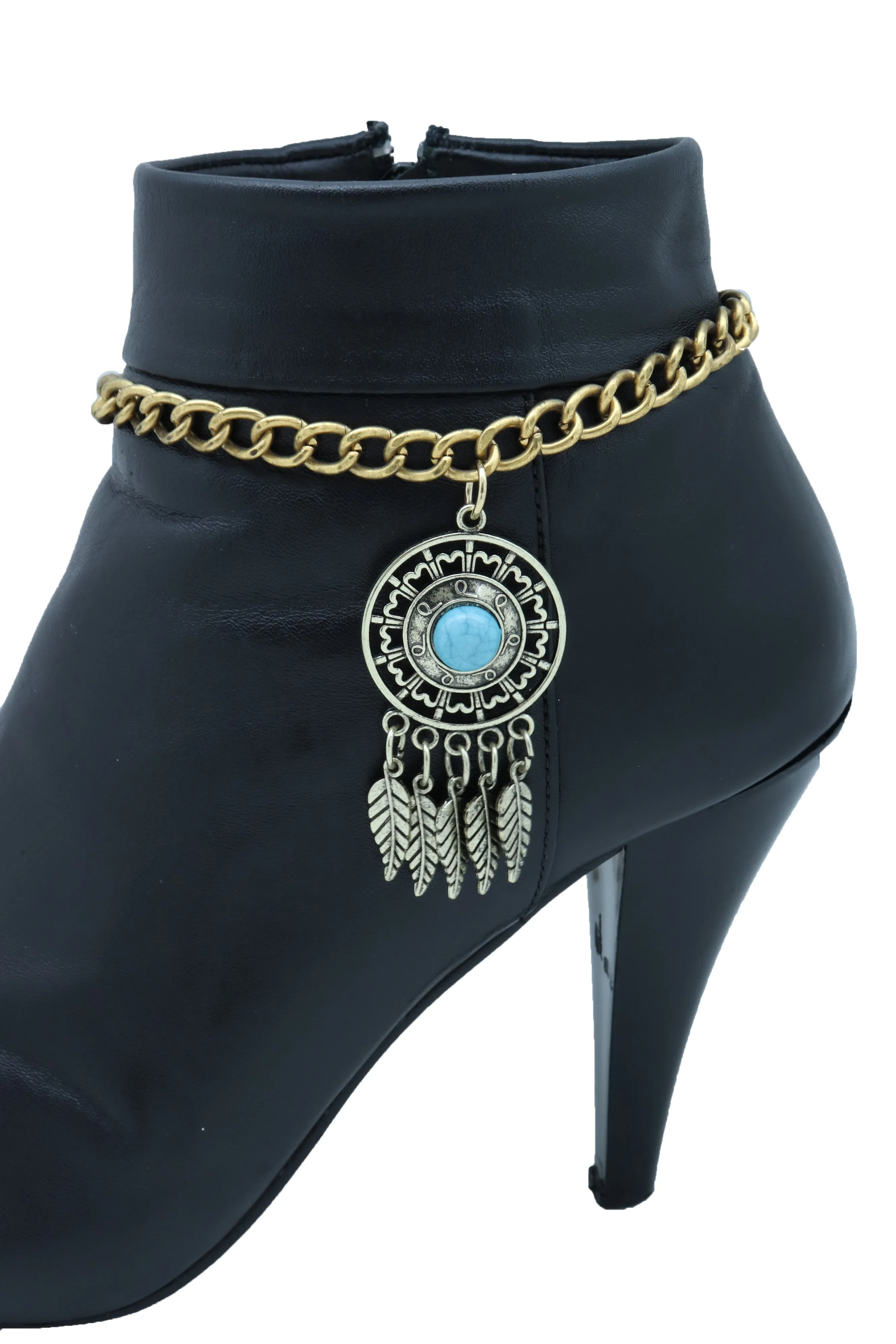 Women Rusty Gold Metal Boot Chain Bracelet Shoe Feather Turquoise Blue Charm Ethnic Adjustable Size Band