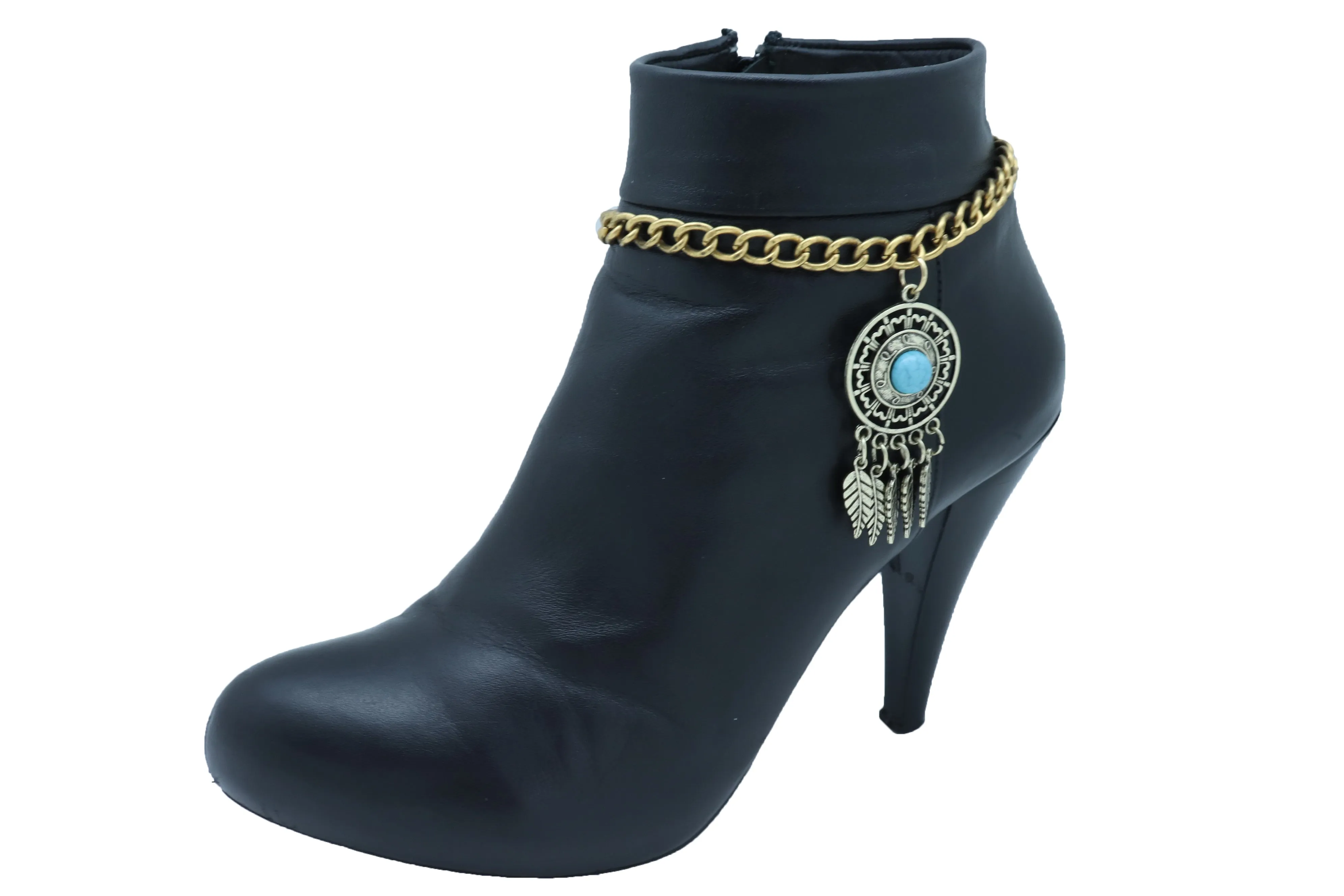 Women Rusty Gold Metal Boot Chain Bracelet Shoe Feather Turquoise Blue Charm Ethnic Adjustable Size Band