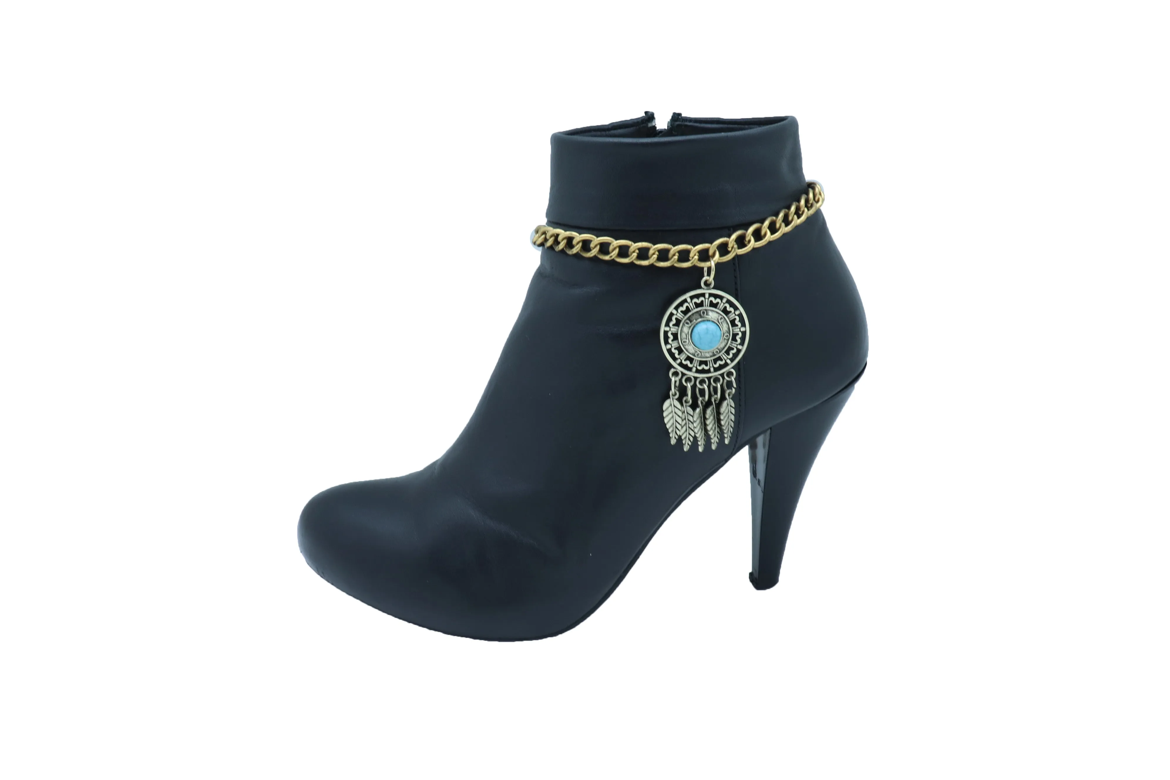 Women Rusty Gold Metal Boot Chain Bracelet Shoe Feather Turquoise Blue Charm Ethnic Adjustable Size Band