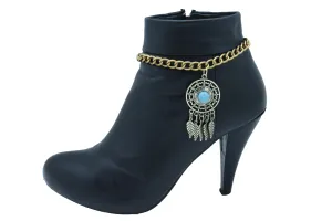Women Rusty Gold Metal Boot Chain Bracelet Shoe Feather Turquoise Blue Charm Ethnic Adjustable Size Band