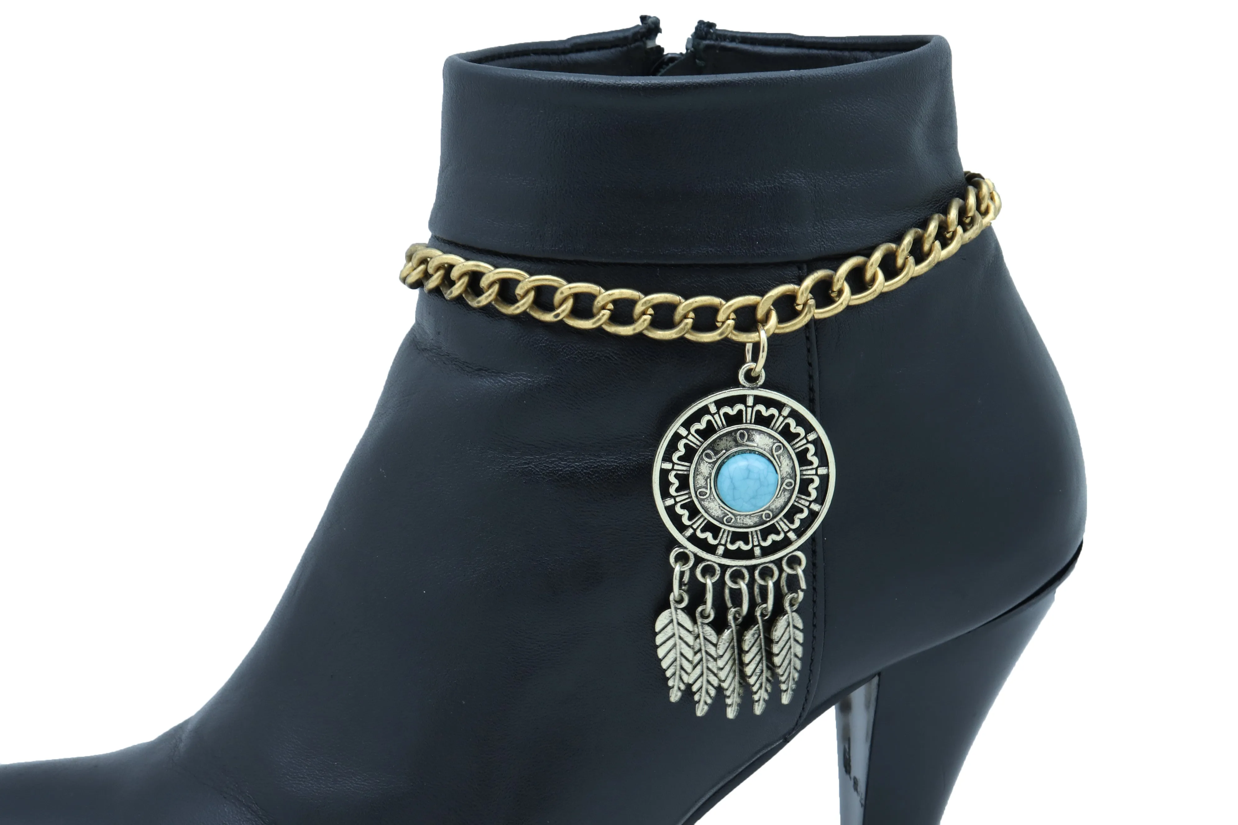 Women Rusty Gold Metal Boot Chain Bracelet Shoe Feather Turquoise Blue Charm Ethnic Adjustable Size Band