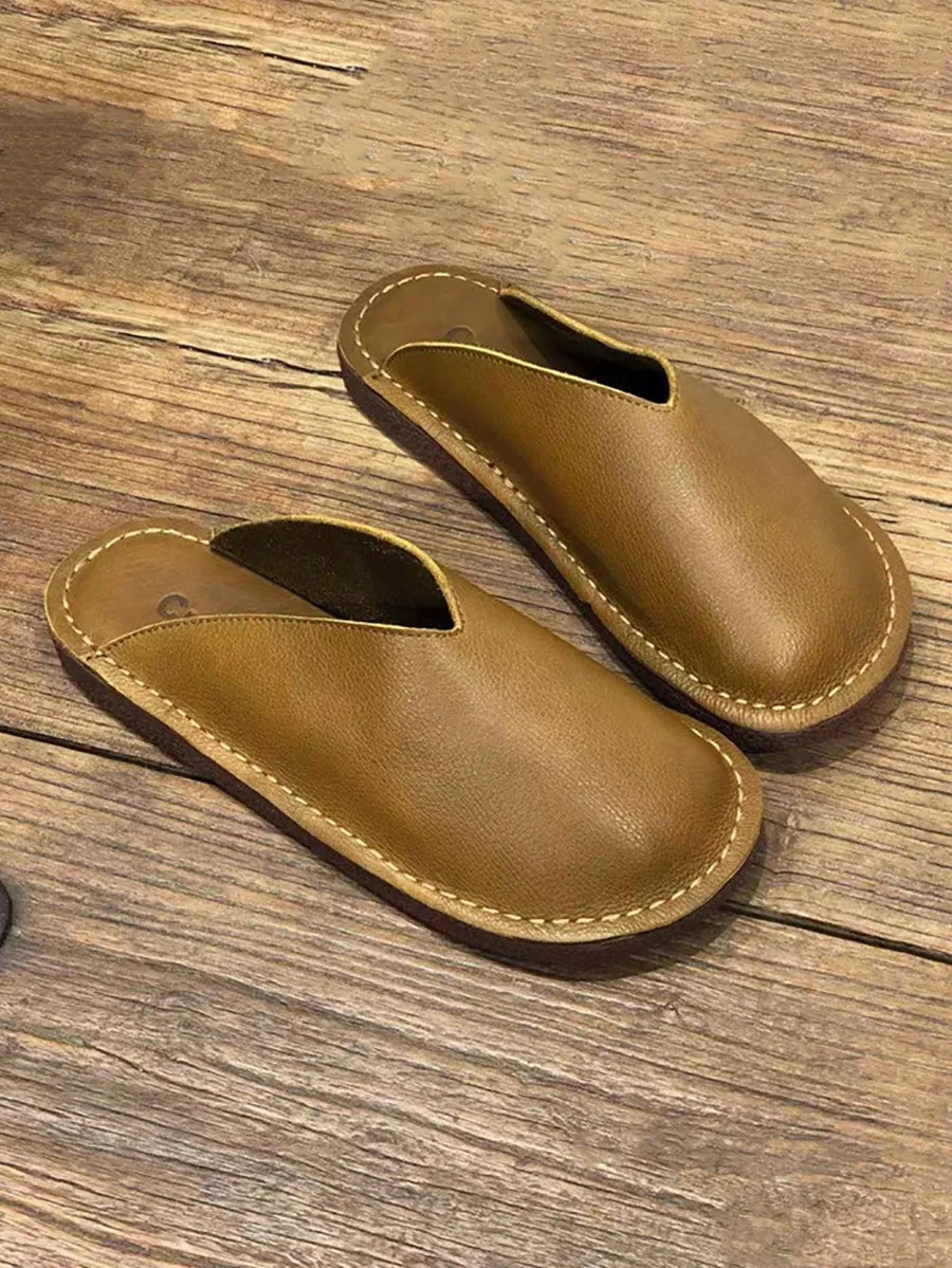 Women Summer Soft Solid Leather Flat Slippers