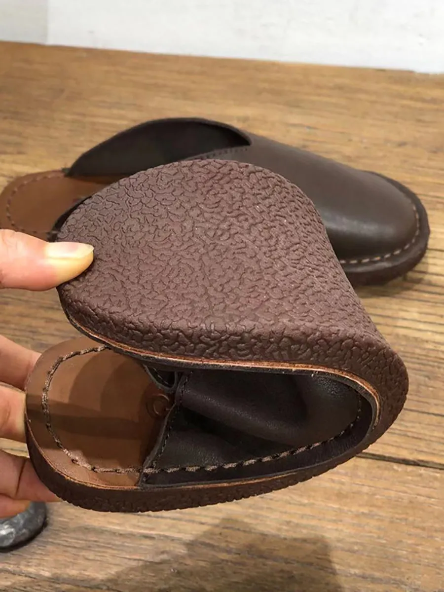 Women Summer Soft Solid Leather Flat Slippers