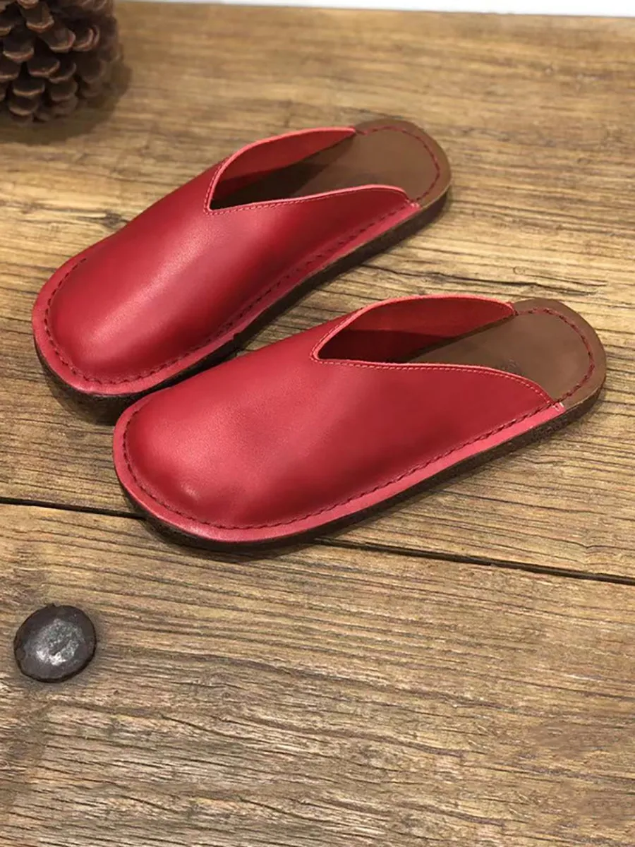 Women Summer Soft Solid Leather Flat Slippers