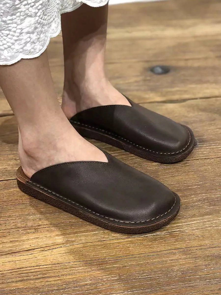 Women Summer Soft Solid Leather Flat Slippers