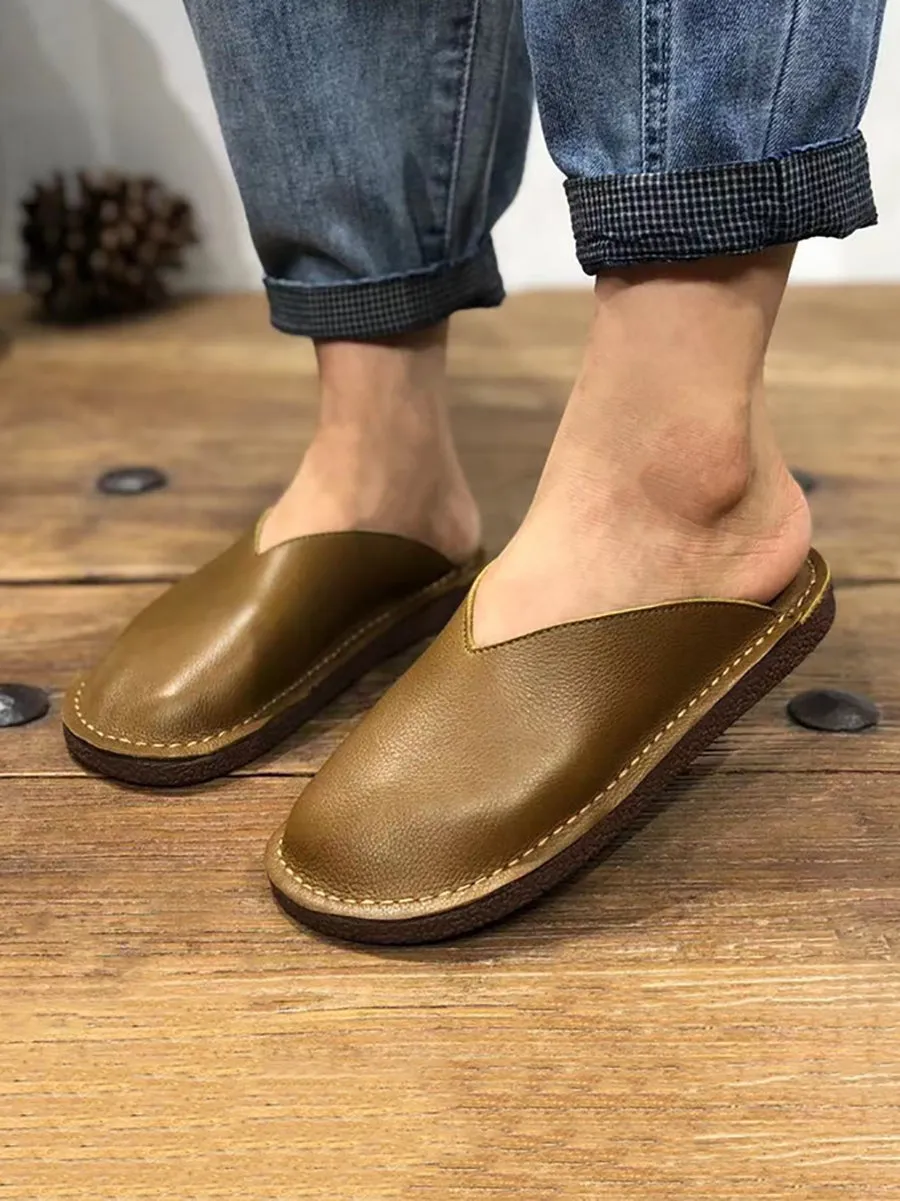 Women Summer Soft Solid Leather Flat Slippers