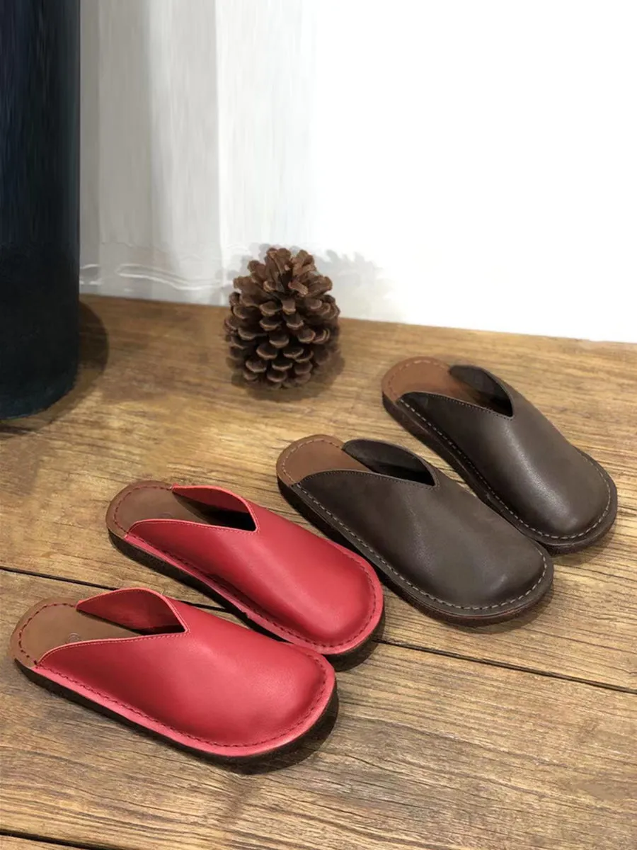Women Summer Soft Solid Leather Flat Slippers