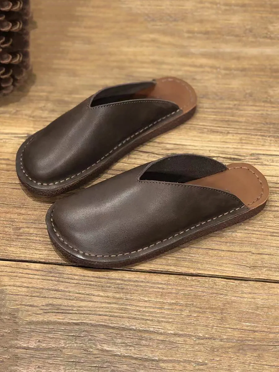 Women Summer Soft Solid Leather Flat Slippers