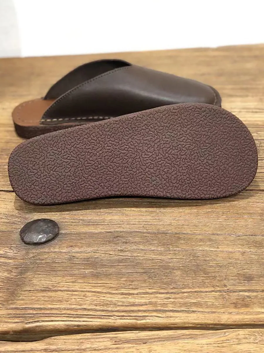 Women Summer Soft Solid Leather Flat Slippers