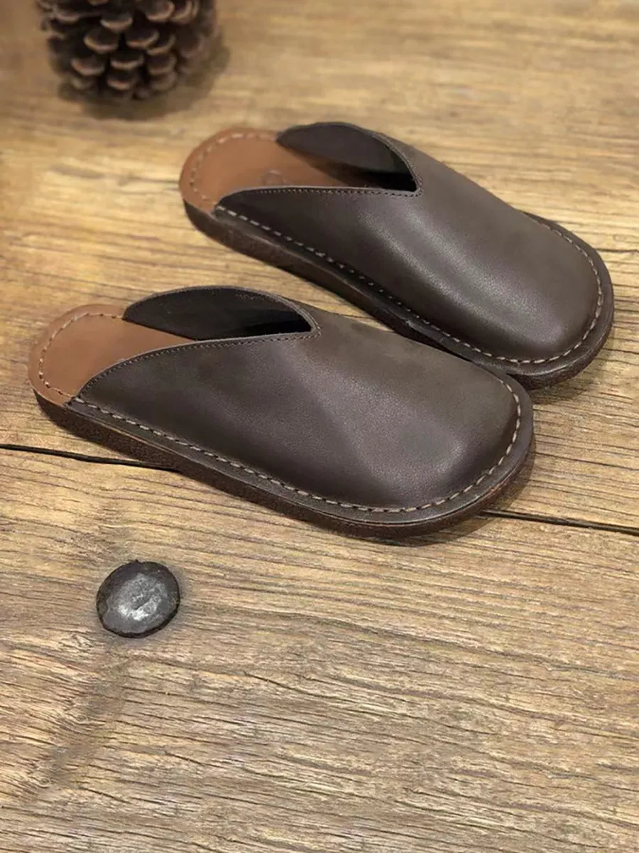 Women Summer Soft Solid Leather Flat Slippers