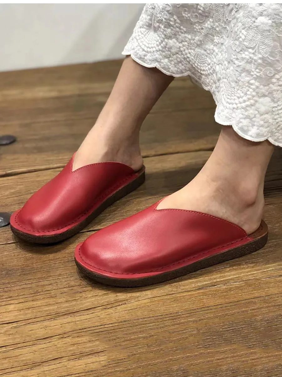 Women Summer Soft Solid Leather Flat Slippers
