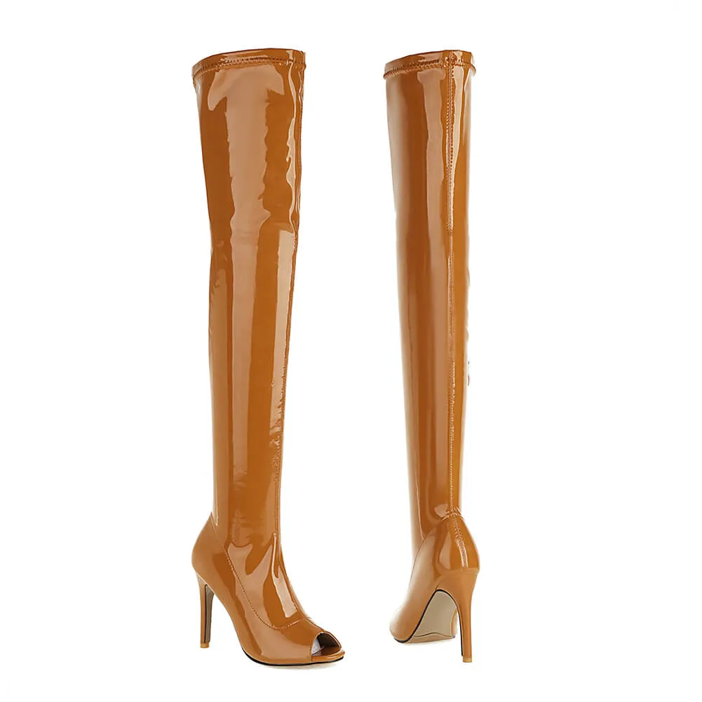 Women's Brown Patent Open Toe Dance Boots