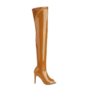 Women's Brown Patent Open Toe Dance Boots