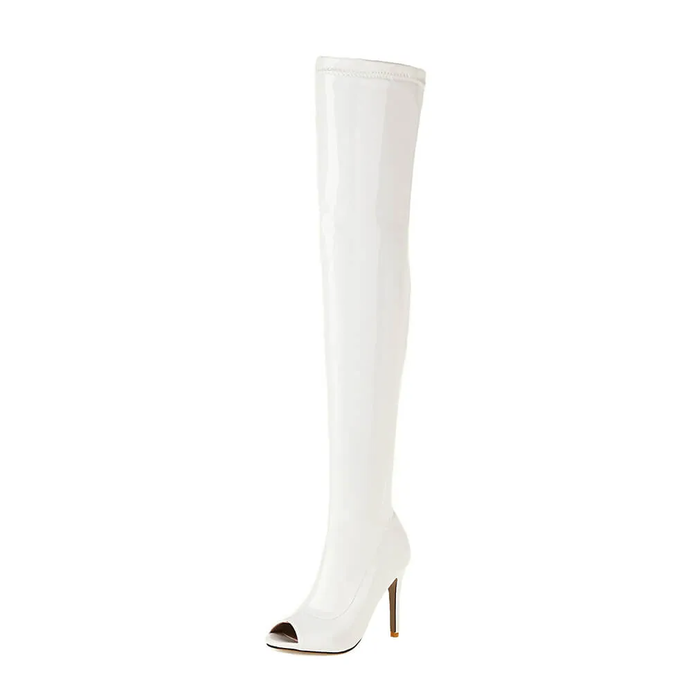 Women's White Patent Open Toe Dance Boots